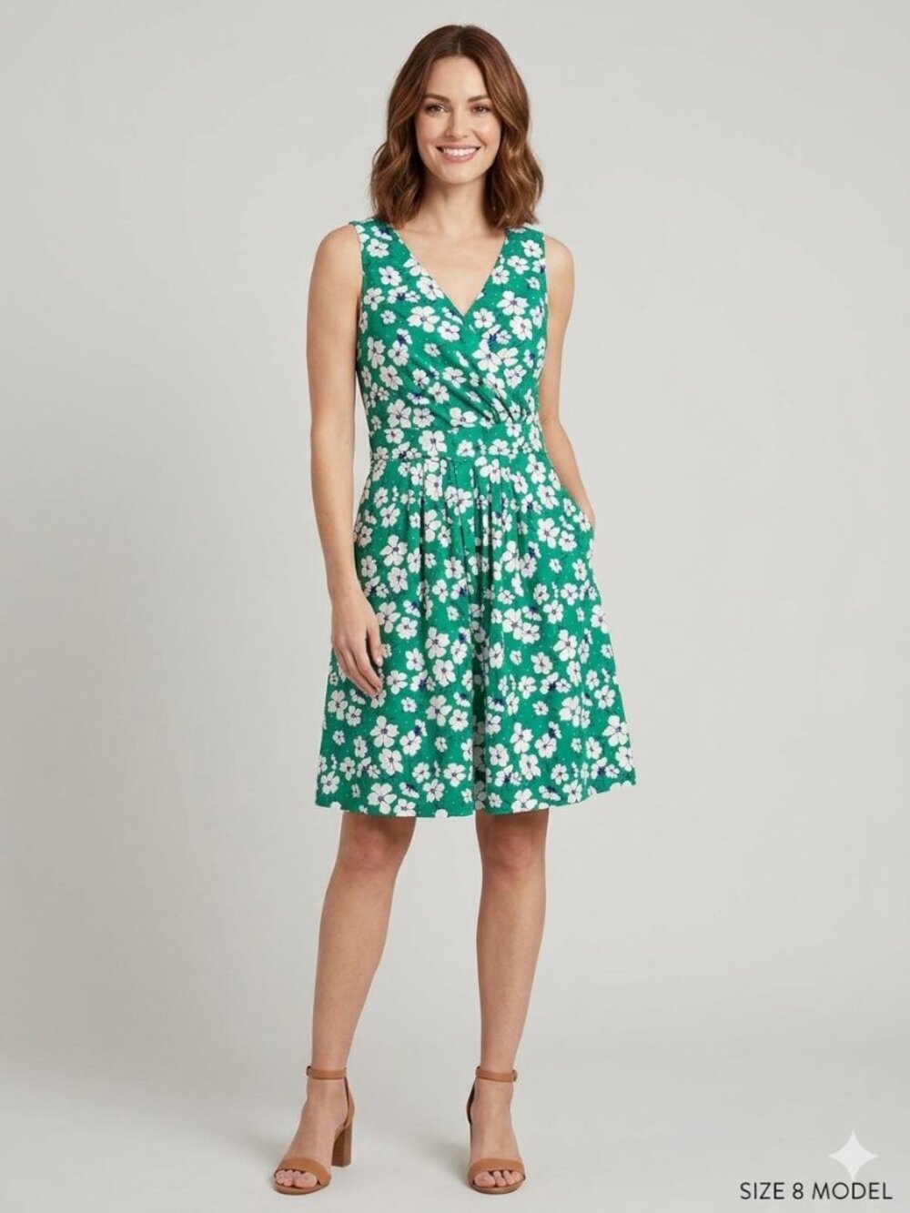 Lands' End cotton blend sleeveless green floral midi dress, size L